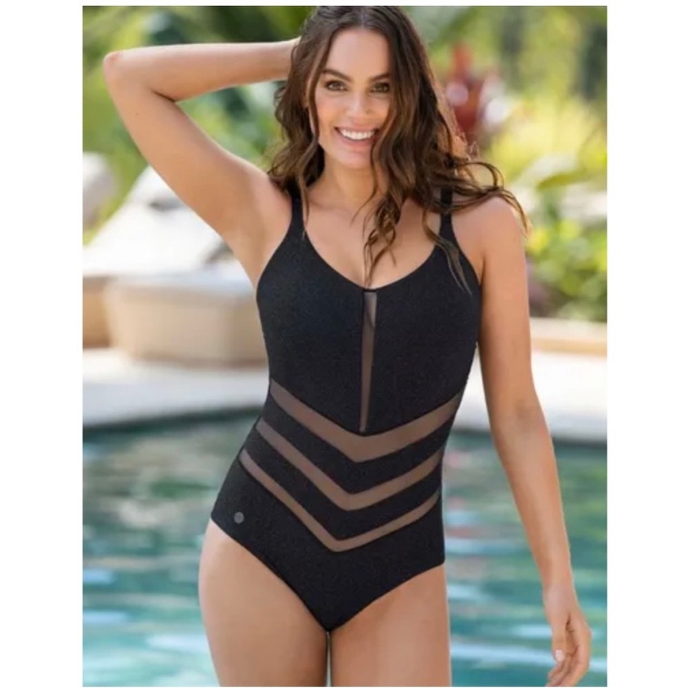Leonisa Black One Piece Swimsuit with Sheer Mesh Panels NWOT Size S